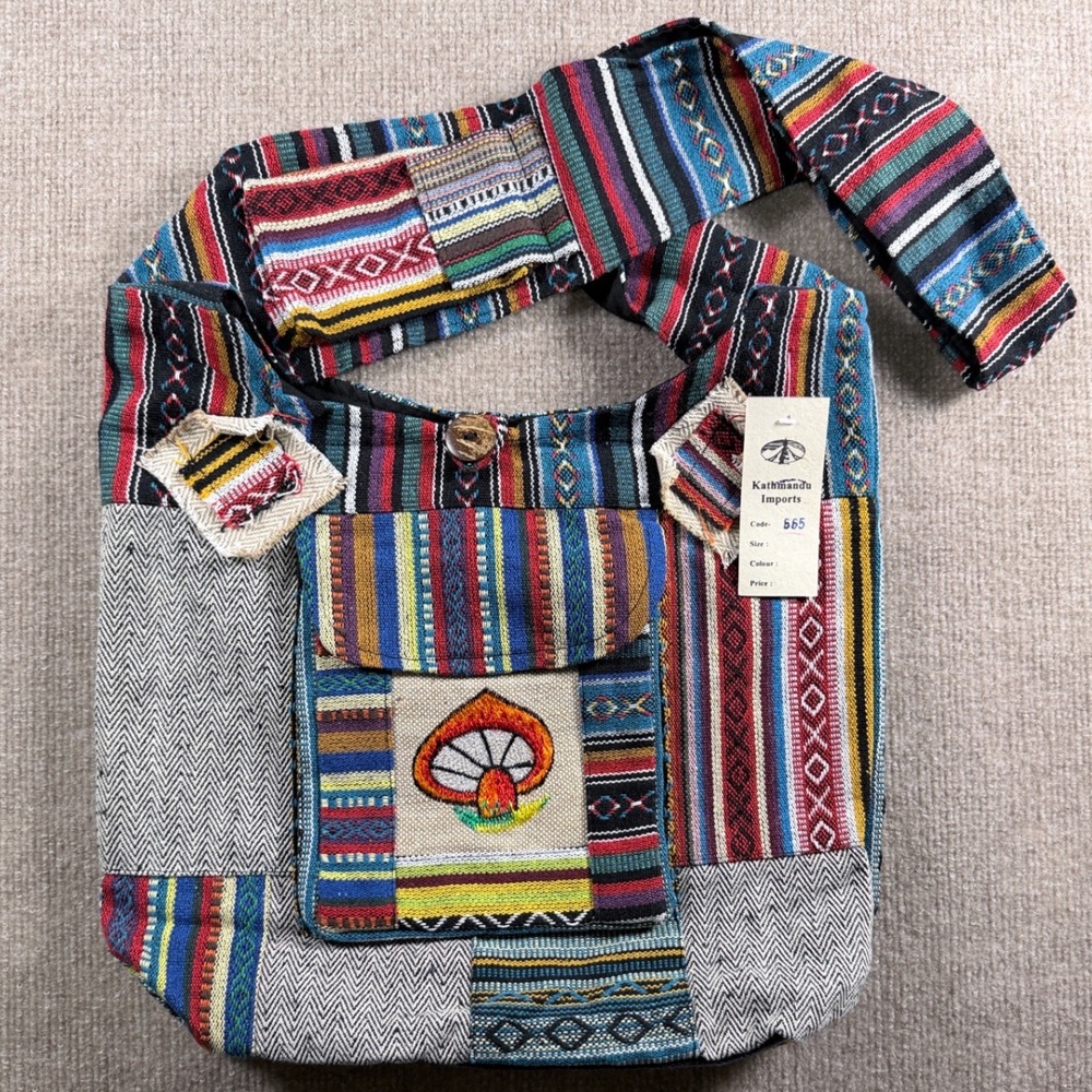 Kathmandu Imports Mushroom Patchwork Woven Cotton Crossbody Hobo Bag Multi Color